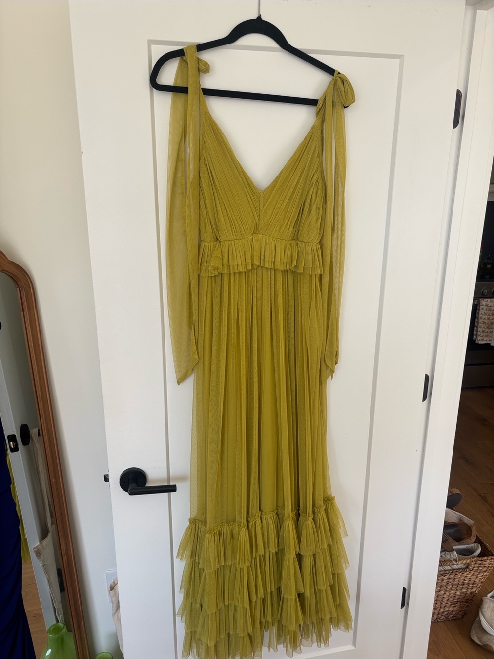 Nasty Gal Chartreuse Evening/Formal Dress with Ruffle Tiers and Tie Strap Detail